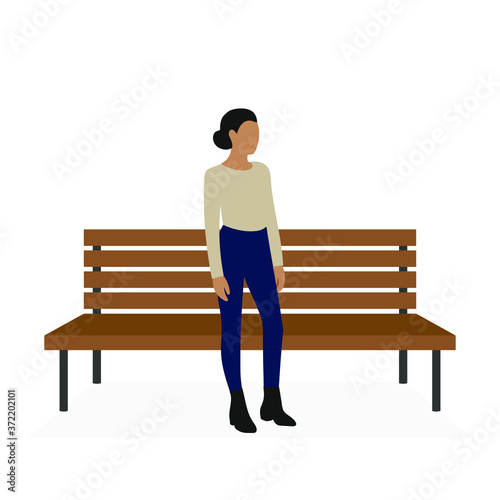 Female character stands near a bench on a white background