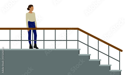 Female character standing on a stairwell and waiting