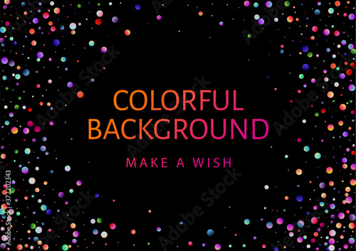 Colorful pattern with glowing circular dots. Rainbow twinkle circles on black background. Multi colored texture useful for holiday backdrop (night disco party)