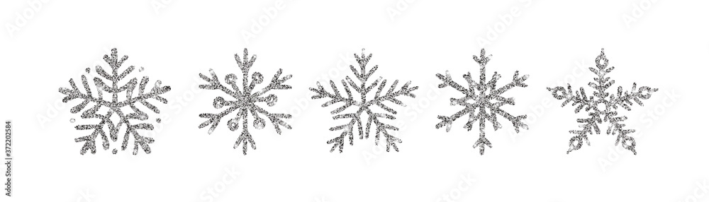 Silver glitter texture snowflake hand drawn icon set on white background. Shiny Christmas, New year and winter sparkling metal snow symbols for print, decoration, greeting card. Vector Illustration. Silver glitter texture snowflake hand drawn icon set on white background. Shiny Christmas, New year and winter sparkling metal snow symbols for print, decoration, greeting card. Vector Illustration.