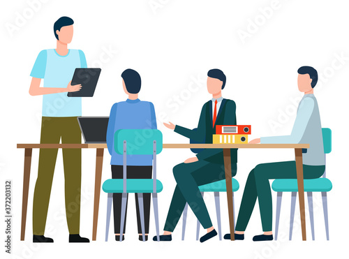 Man holding clipboard reporting on business project. Isolated team of employees on office meeting. Boss with workers listening and making proposals. Brainstorming in office. Vector in flat style