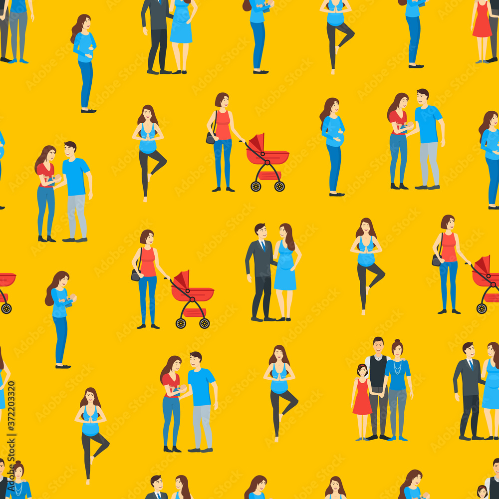 Cartoon Characters Family Pregnancy Parents and Baby Seamless Pattern Background. Vector Cartoon Characters Family Pregnancy Parents and Baby Seamless Pattern Background. Vector