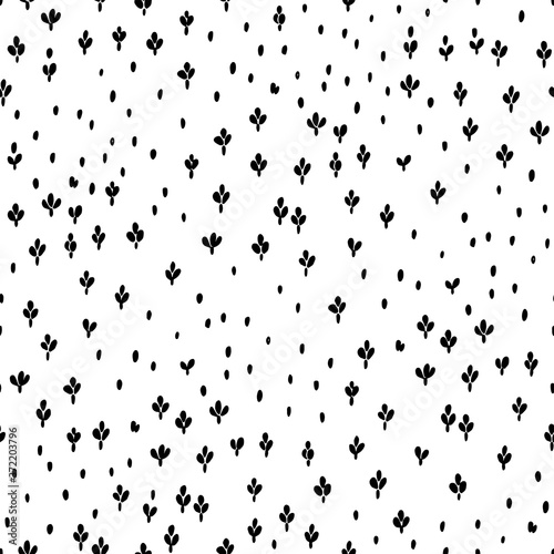 Abstract floral seamless pattern  doodle meadow vector illustration. Black silhouette on white background.