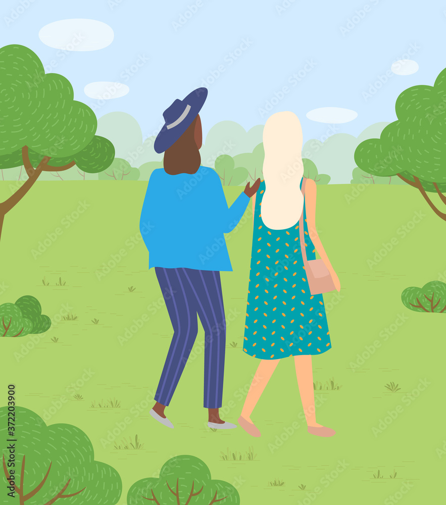 Woman characters in casual clothes walking in park on harvest festival in Europe. Leisure of females friends wearing hats going and speaking. Back view of people near wood, healthy leisure vector