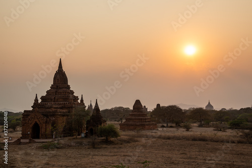 Landscape of temples silhouettes in Bagan at sunset  Burma  Myanmar