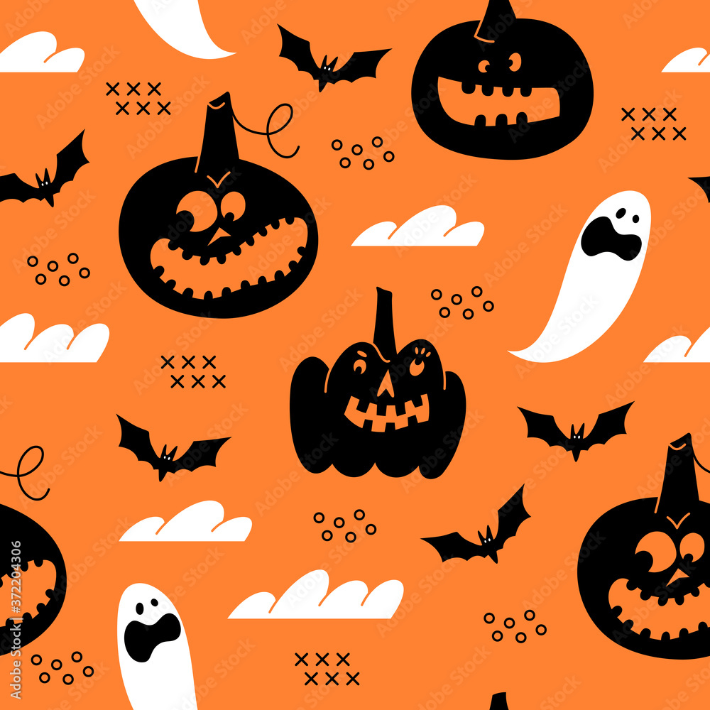 Halloween seamless pattern with ghost and pumpkin.