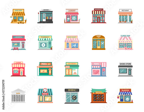 Collection of shop buildings isolated on white background,Retail business urban shop, store. Market and bakery, cafe and boutique store, vector illustration. photo