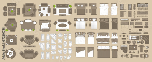 Icons set of interior. Furniture top view. Elements for the floor plan. (view from above). Furniture and elements for living room, bedroom,  bathroom, office.