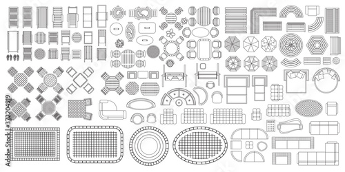 Set of linear icons. Outdoor furniture and patio items. (top view) Tables, benches, chairs, sunbeds, paths, pool, swings, umbrellas. (view from above). Furniture store.
