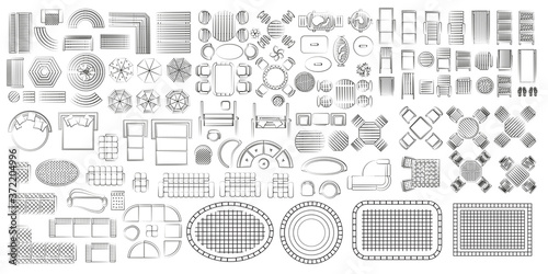 Outdoor furniture and patio items. (top view) Tables, benches, chairs, sunbeds, paths, pool, swings, umbrellas. (view from above). Furniture store.