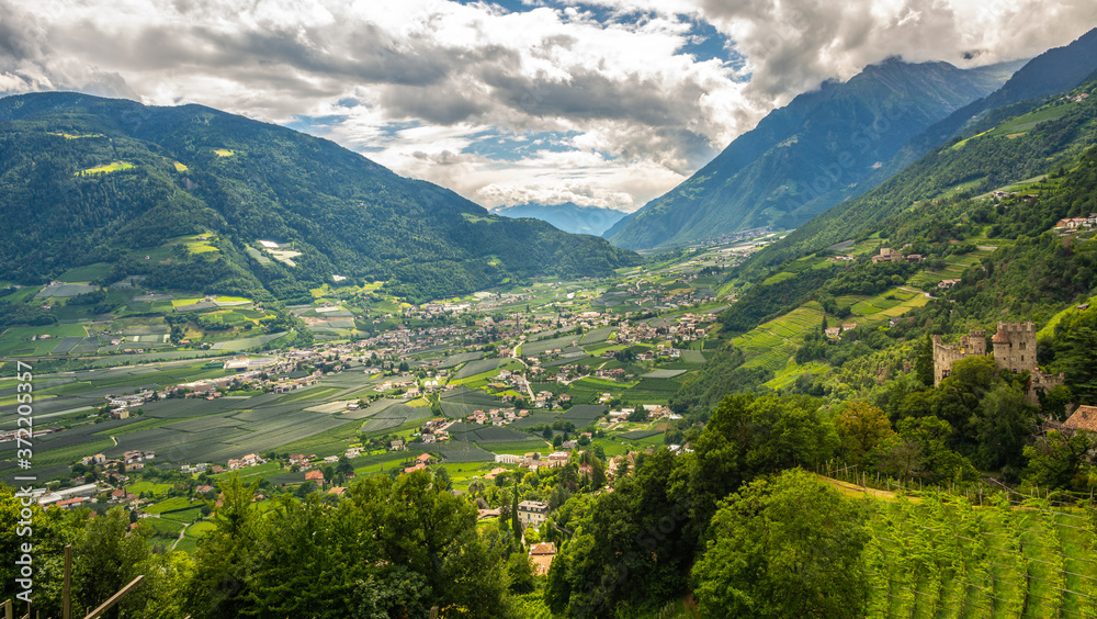 Venosta Valley in South Tyrol, Bolzano province, northern Italy. The Venosta Valley provides an ideal holiday destination in summer and winter.