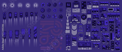Vector set. Night city. Top view. Collection for the night cityscape. Skyscraper, house, car, lantern, tree, road. View from above. 