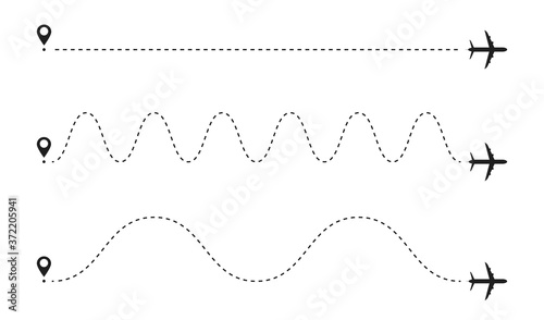 Airplane line path in dotted and dashed line. Route of plane with location pointer. Travel concept