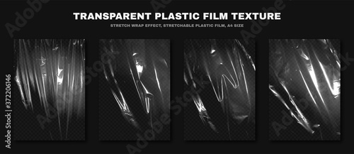 Transparent plastic film texture, stretchable polyethylene film, A4 size. Plastic stretch film effect with crumpled and wrinkled texture photo