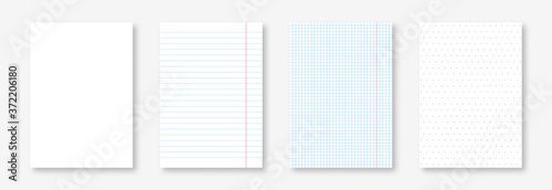 Blank notebook sheets, lined, squared and dotted. Realistic paper sheet, notepad page and copybook page