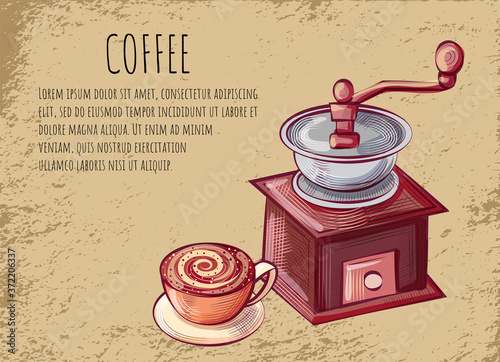 Coffee mill equipment, cup of aroma drink, cappuccino or espresso. Postcard decorated by wooden grinder beans, mug with handle and saucer, machine vector