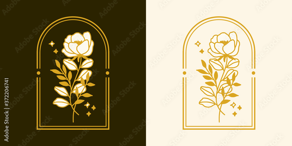 Naklejka premium Vector feminine logo design templates in trendy linear minimal style. Peony, rose flowers and botanical leaf branch. Emblem, symbols and icons for cosmetics, jewellery, beauty and handmade products