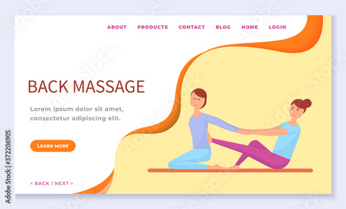 Back massage and special techniques at spa salon. Specialist and client at procedure. Masseur and customer with pain and aches. Website or webpage template, landing page, vector in flat style