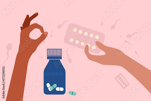 Birth control pill concept.Spermatozoa swim around.Human hand holding medicine jars, tablets in Blister Packs and give them. World contraception day. Prevention HIV and AIDS.Oral Contraception vector