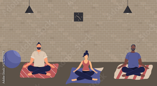Pregnant woman, afro man and man sitting with legs crossed on floor and meditating. People in yoga posture doing meditation, mindfulness practice, spiritual discipline at home.Vector illustration