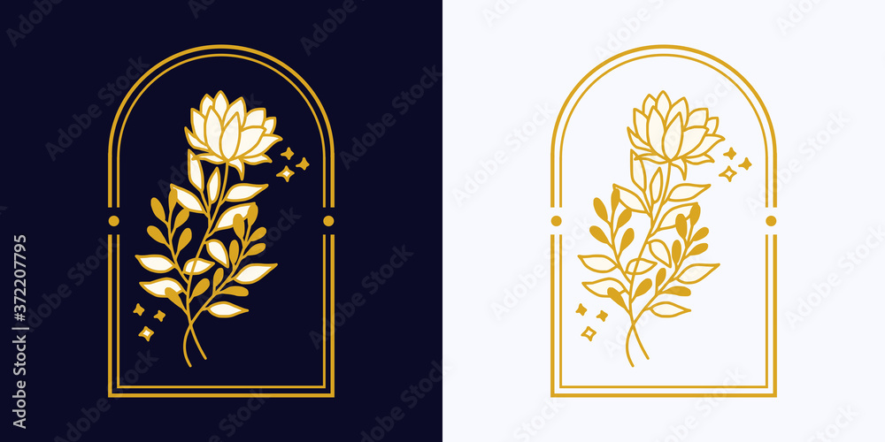 Fototapeta premium Vector feminine logo design templates in trendy linear minimal style. Peony, rose flowers and botanical leaf branch. Emblem, symbols and icons for cosmetics, jewellery, beauty and handmade products