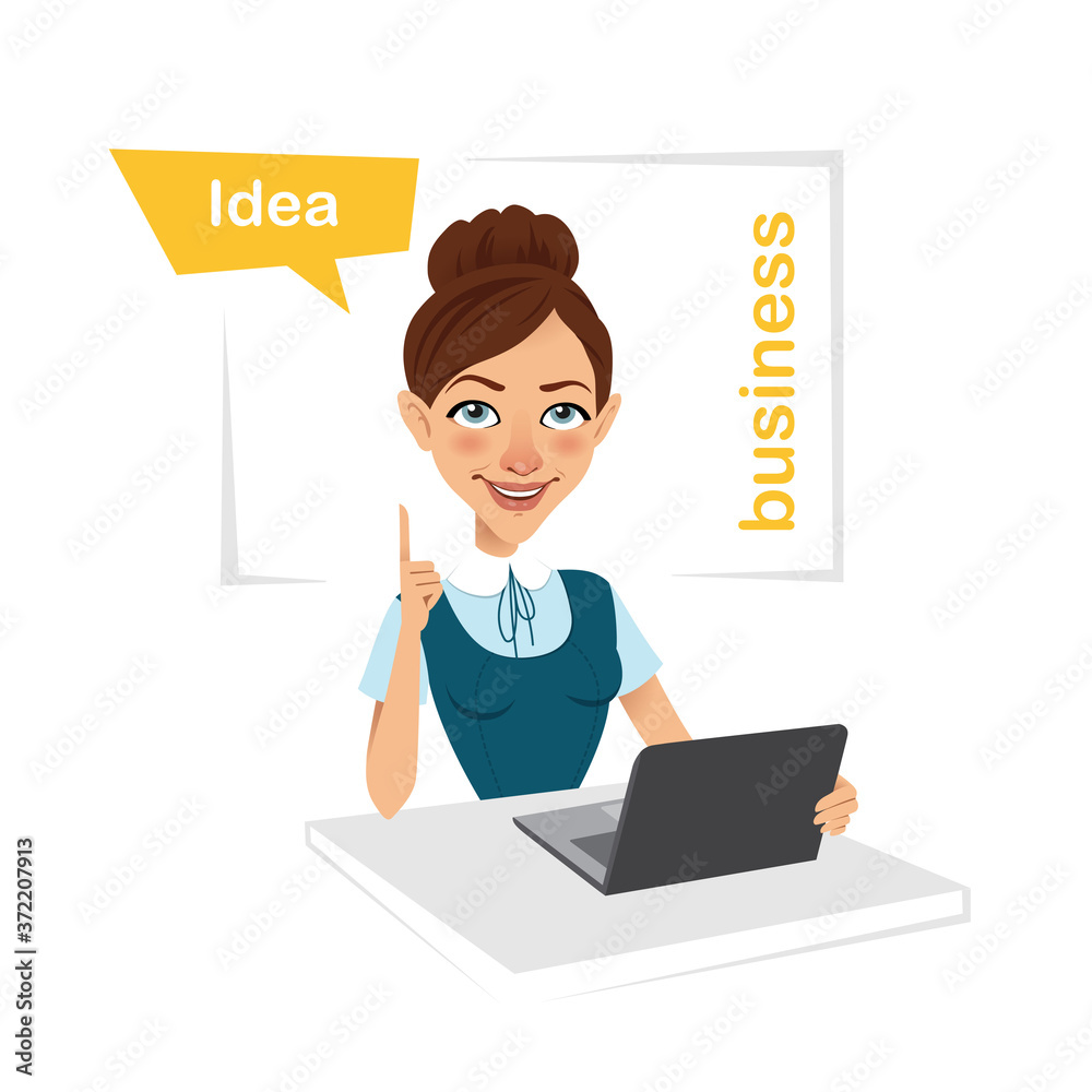 Girl is sitting at table with laptop. Girl has idea. Girl is saying word idea. Business character. illustration Girl is sitting at table with laptop. Girl has idea. Girl is saying word idea. Business character. illustration