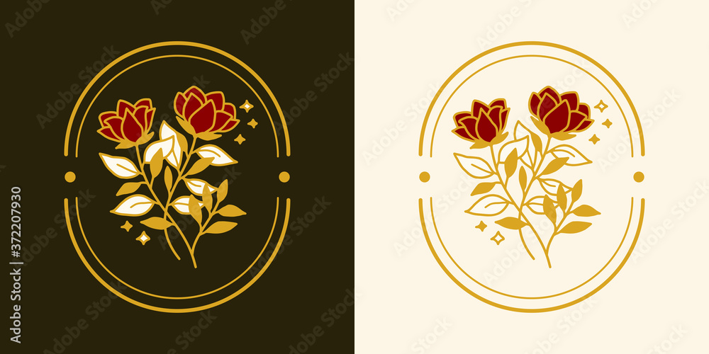 Vector feminine logo design templates in trendy linear minimal style. Peony, rose flowers and botanical leaf branch. Emblem, symbols and icons for cosmetics, jewellery, beauty and handmade products
