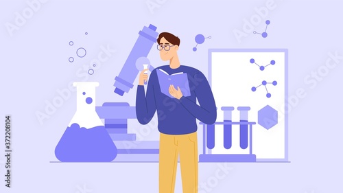 A student or schoolchild studies chemistry from a textbook or conducts experiments. A young teacher is giving a chemistry lesson.
