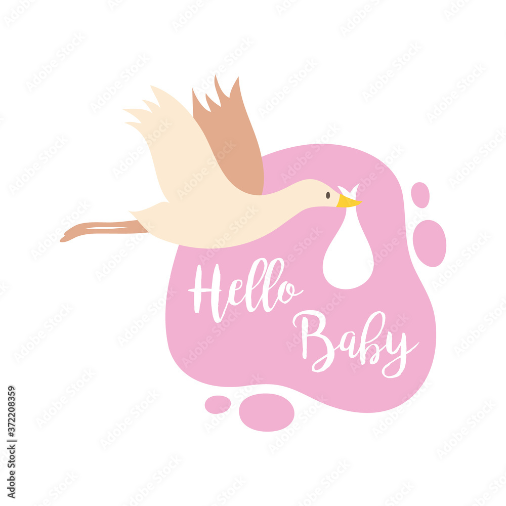 baby shower frame card with stoek flying and hello baby lettering hand draw style