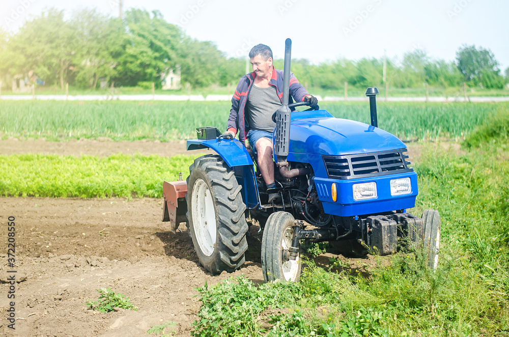 Obraz premium A farmer drives a tractor while working on a farm field. Loosening surface, cultivating the land. Farming, agriculture. Field preparation. Use of agricultural machinery and equipment to speed up work.