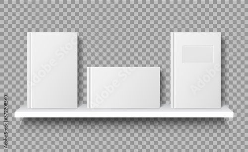 Book on shelf mockup. White blank notebook on bookshelf for store. Vector template books paperback for bookstore, school, home library.