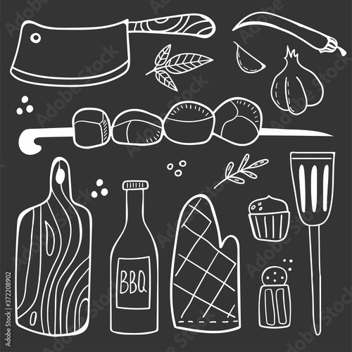 Chalk drawing bbq doodle set. Hand drawn modern barbeque cooking food collection, meat vegetables and tools for grill party, vector illustration for restaurant cafe menus, poster design elements