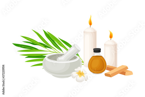 Spa Treatment with Sandal Wood, Essential Oil and Candles Vector Composition