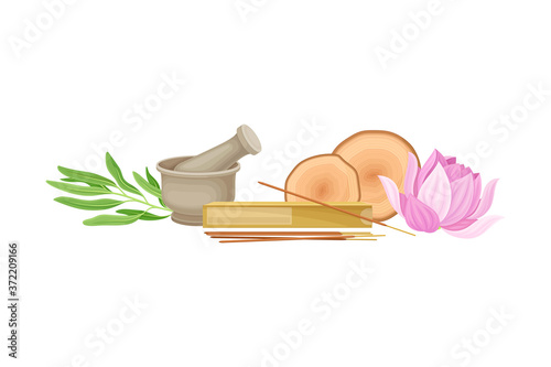 Spa Treatment with Aromatic Sticks and Sandal Wood Vector Composition