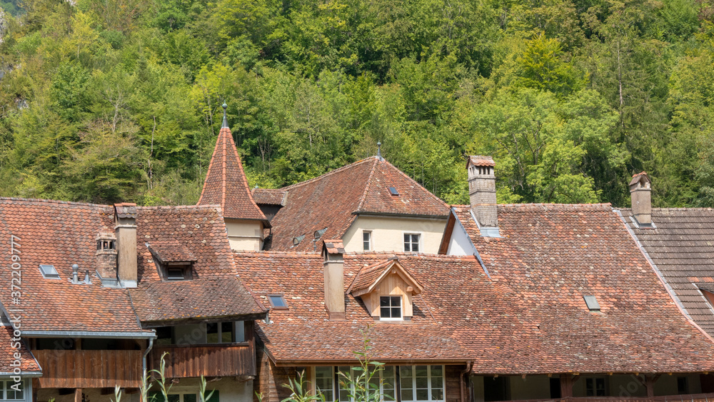 Fototapeta premium Medieval architecture up close in Saint-Ursanne, Switzerland