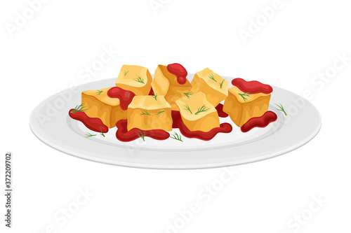 Tapas with Sauce as Spanish Cuisine Starter Served on Plate Vector Illustration