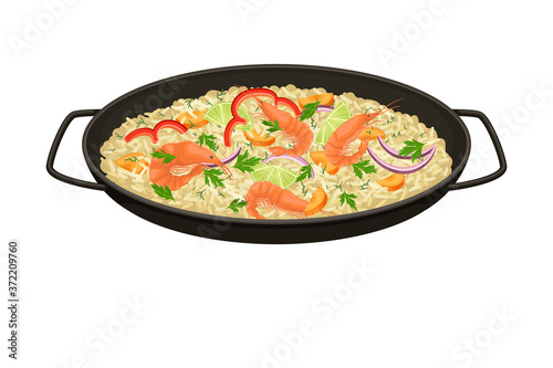 Rice with Shrimps and Herbs as Spanish Cuisine Dish Served in Pan Vector Illustration
