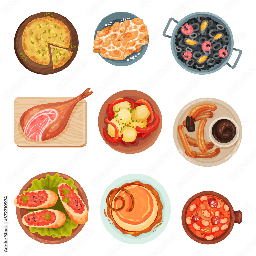 Spanish Cuisine with Rice and Meat Dishes Served on Plates Vector Set Spanish Cuisine with Rice and Meat Dishes Served on Plates Vector Set