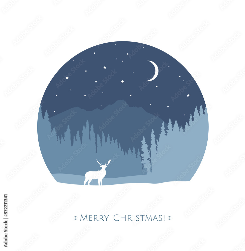 Christmas card design with reindeer in the forest silhouette. Snowy winter night landscape with trees, mountain and wild animal. - Vector