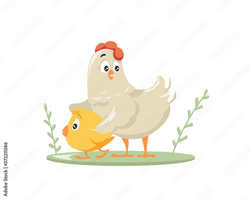 Chicken protects cartoon chick. Caring red combed poultry hen takes its yellow chick away from danger love and motherhood under safe vector wing.