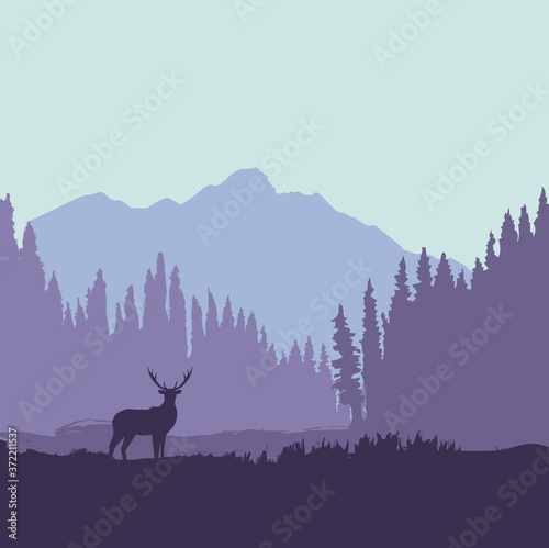 Deer silhouette in forest near mountains. Nature landscape in violet colors. Animal in the wild. - Vector illustration