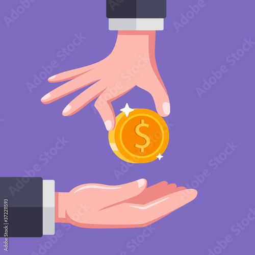 the person puts his hand in the outstretched palm. remuneration to the employee. flat vector illustration.