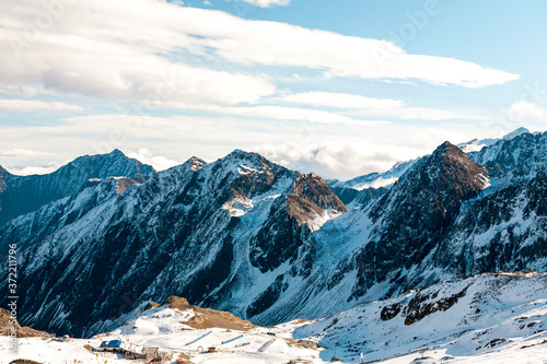 High rocky mountain landscape. Beautiful scenic view of mount. Alps ski resort. Austria  Stubai  Stubaier Gletscher