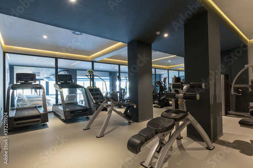 Interior of a hotel gym with equipment