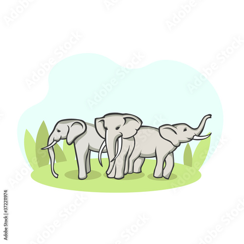 Herd of elephants in meadow. Group of wild animals stand on green pasture blooming landscapes of kenyan savannah natural open vector world.
