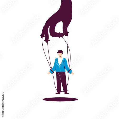 Hand with character puppet concept. Man bound hand and foot is completely subordinate to manipulator domination force and power over people with toys slave actions devoid of personal vector will.