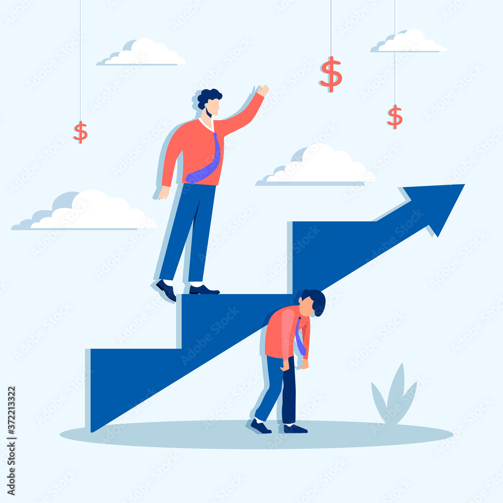 Climbing ahead of career ladder concept. Lets rise to financial business success at expense of their colleagues successful character rises fame along vector arrow standing on shoulders of friend. Climbing ahead of career ladder concept. Lets rise to financial business success at expense of their colleagues successful character rises fame along vector arrow standing on shoulders of friend.