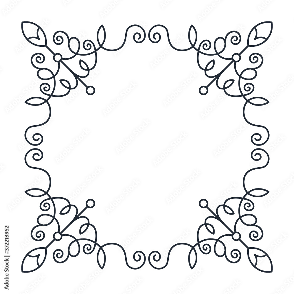 Ornate frame of swirling lines, circles and silhouettes of flower buds.