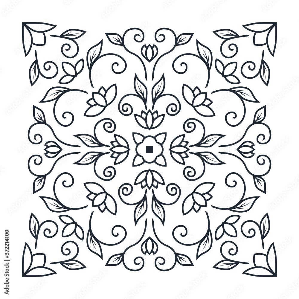 Ornament of swirling lines, silhouettes of flower buds and central flower star.  Print for the cover of the book, postcards, t-shirts. Illustration for rugs.