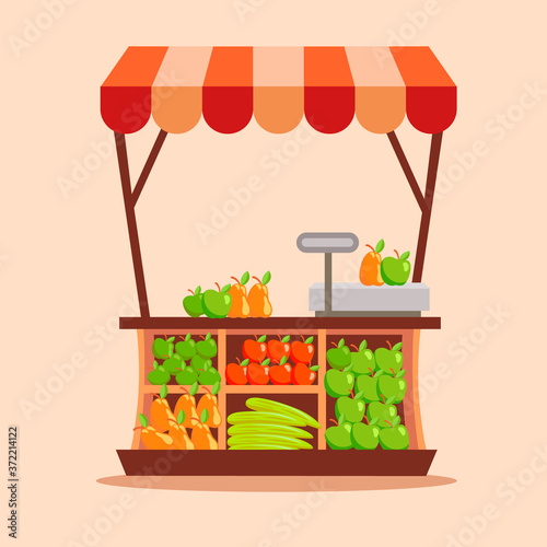 Fruit trade stall. Outdoor stand with canopy and fresh vegetables organic trade fair tent new harvest farm food business open commerce in fresh air vector.